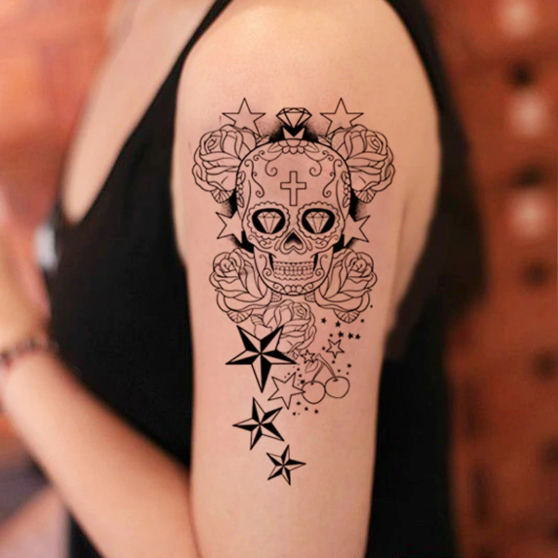 Temporaire Tatouages Grand Crâne Croix étoiles Bras Faux