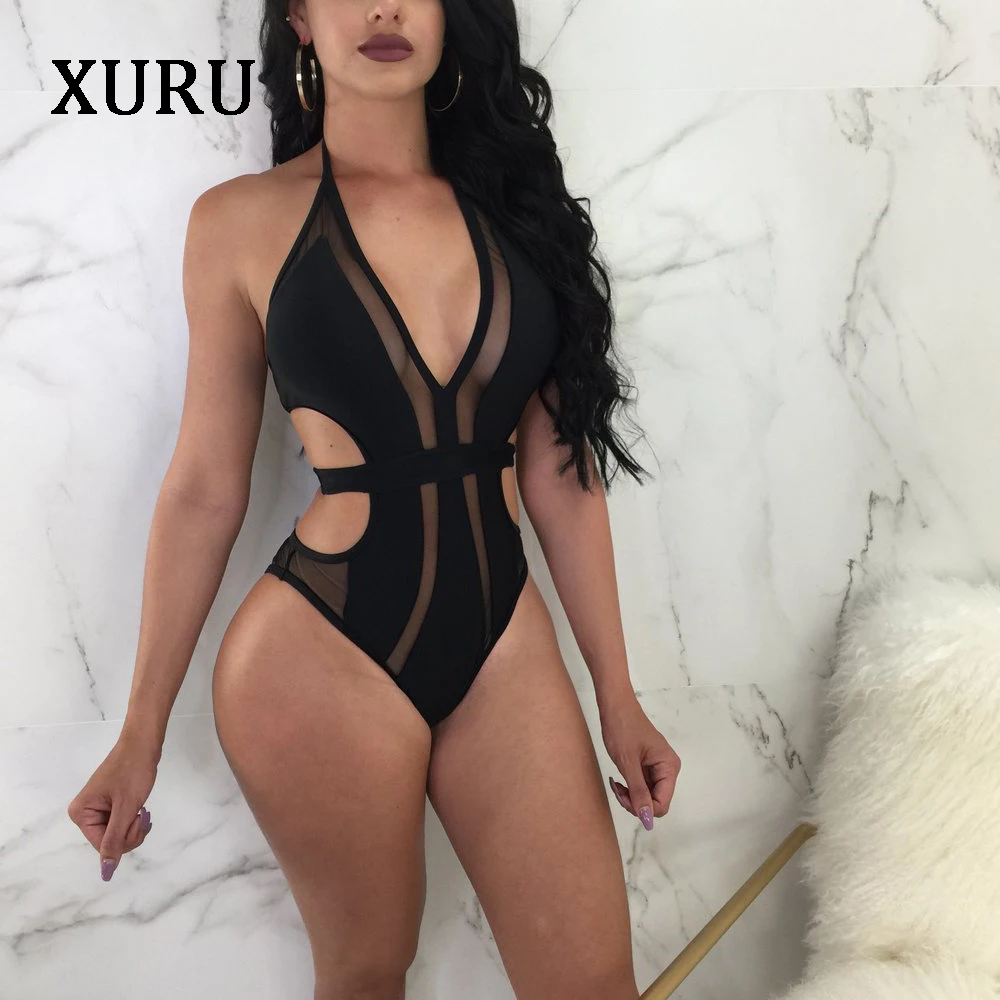Женские пляжные боди XURU голубые и черные прозрачные сетчатые Комбинезоны на