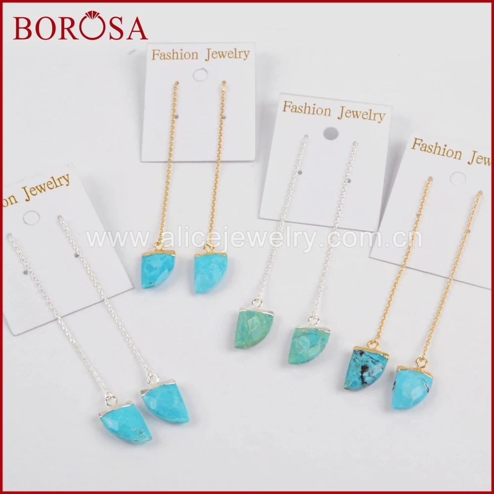 

BOROSA Horn 100% Natural Blue Stone Gold Color Druzy Threader Earrings, Fashion Drop Dangle Earrings for Women G1350 S1350