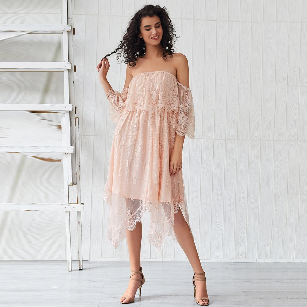 

Women lace dress Summer solid Boat Neck Backless Light Pink Fashion Beach party wedding Bridesmaid high low Elegant Dress retro