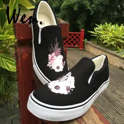 Вэнь оригинальный обувь черный, белый цвет акварель птица цветочные цветы слипоны холст туфли без каблуков спортивная обувь уникальные