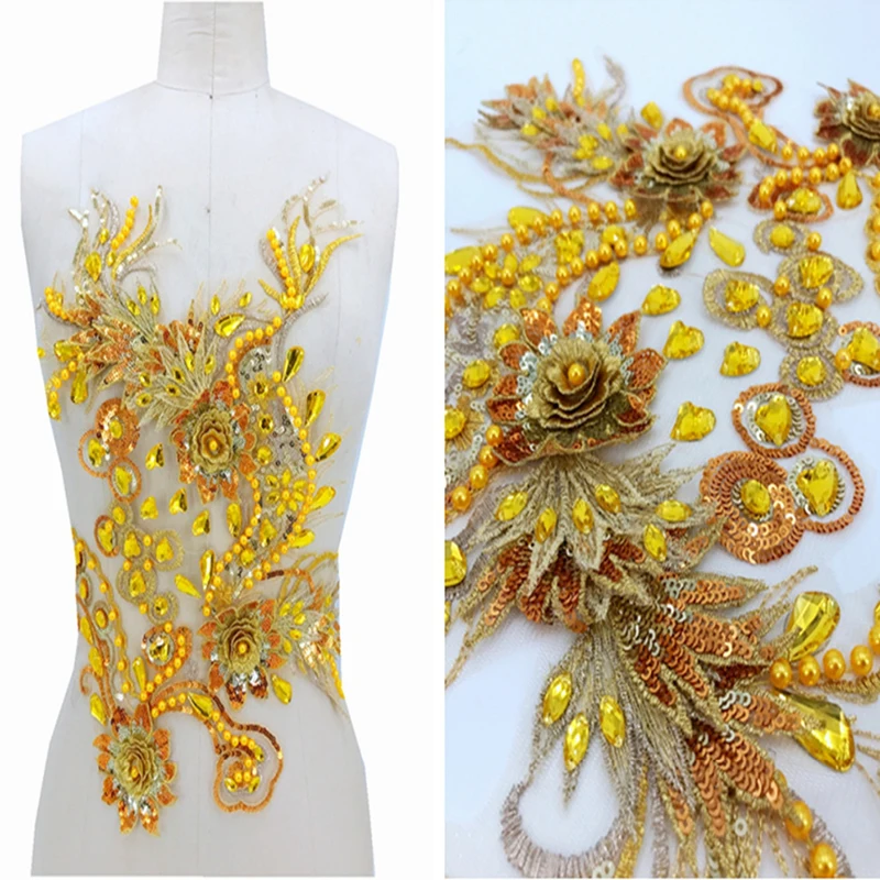 

1 Piece Gold Lace Applique Sequins Rhinestones Bead Lace Patches Applique Accessory Sew Clothes Shoes Bags Decoration DIY Crafts