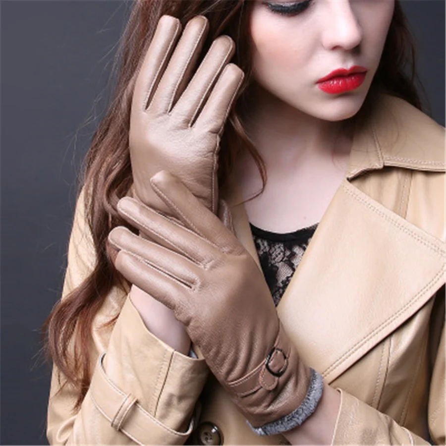Новинка, зимние перчатки из натуральной кожи, женские теплые утолщенные перчатки из овчины, кожаные перчатки для вождения, 13 цветов, D-159-5
