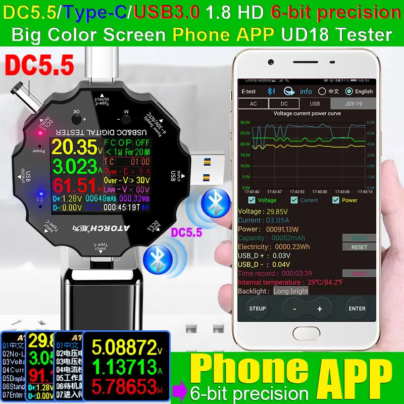 UD18 USB 3.0 18in1 USB tester APP dc digital voltmeter ammeter voltimetro power bank voltage detector volt meter electric doctor