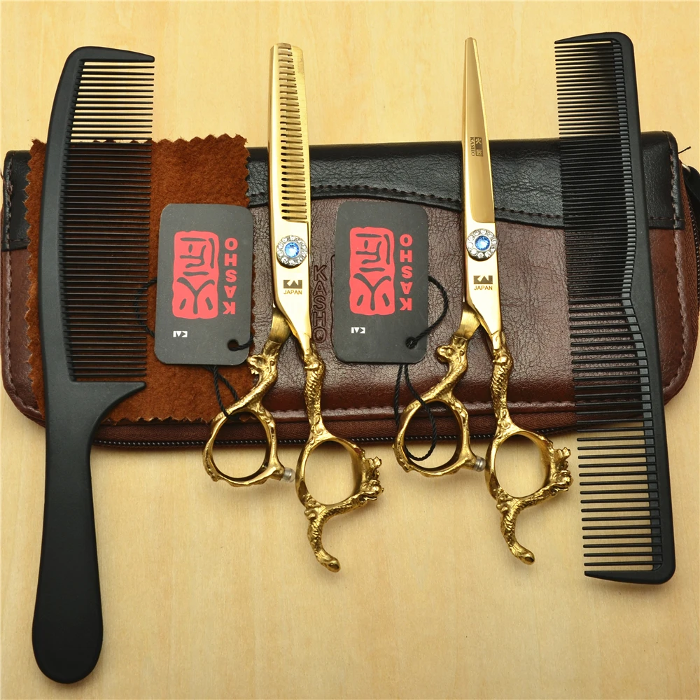 

4Pcs Suit 6'' Golden Professional Human Hair Scissors Hairdressing Shears Combs +Cutting +Thinning Scissors Dragon Handle H9003
