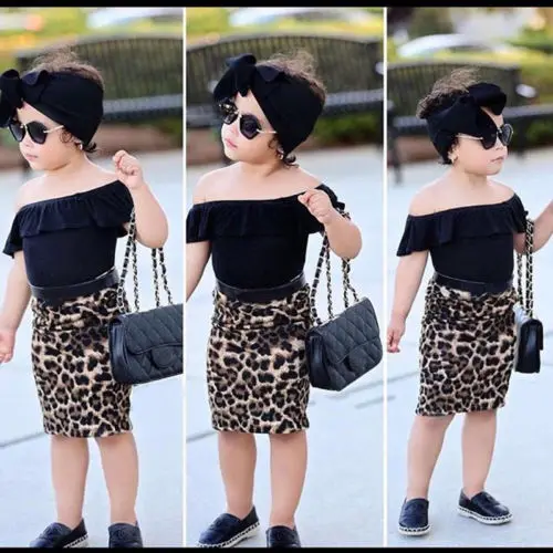 

3Pcs High Quality Toddler Girl Clothes Set Off Shoulder Solid Ruffles Tank Tops High Waist Leopard Sheath Skirt Summer Outfit