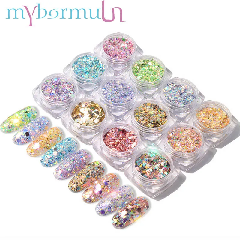 

Mybormula 1 Box Coloful Nail Nail Art Glitters Sequins Multi-size Hexagon Flakies Powder Manicure Nail Art Decorations 2019