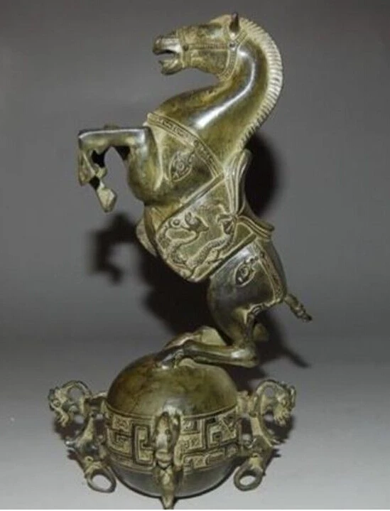 

Chinese Bronze Horse Standing on the ball & with QING Mark Statue Statue