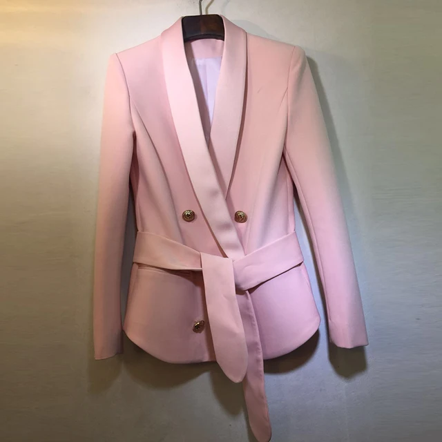 HIGH STREET Newest Fashion 2024 Designer Blazer Women's Shawl Collar Double Breasted Metal Buttons Belt Blazer Jacket 5