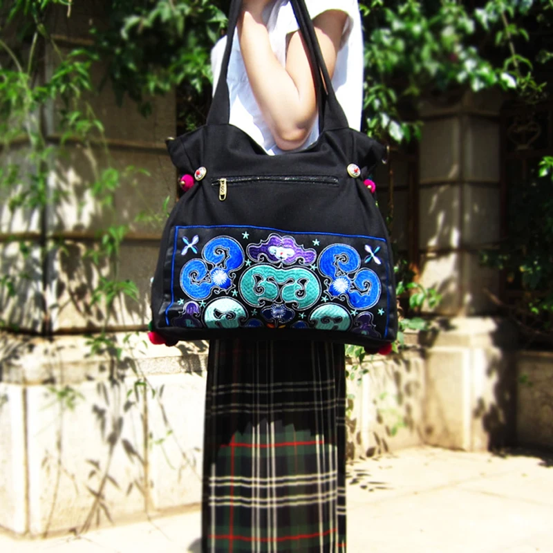Хмонг ручной вышитые женские сумки Винтаж этнические сумки модная парусиновая кисточкой плеча сумки