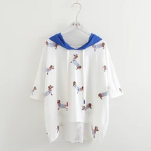 Mori girl/ летняя футболка с капюшоном и принтом собаки из мультфильма; футболка с короткими рукавами; MXZ