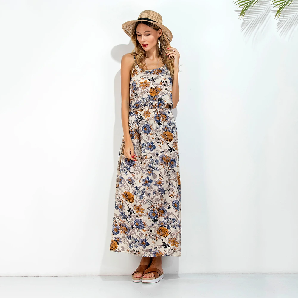 Spaghetti Strap Backless Printed Sleeveless Casual Dresses