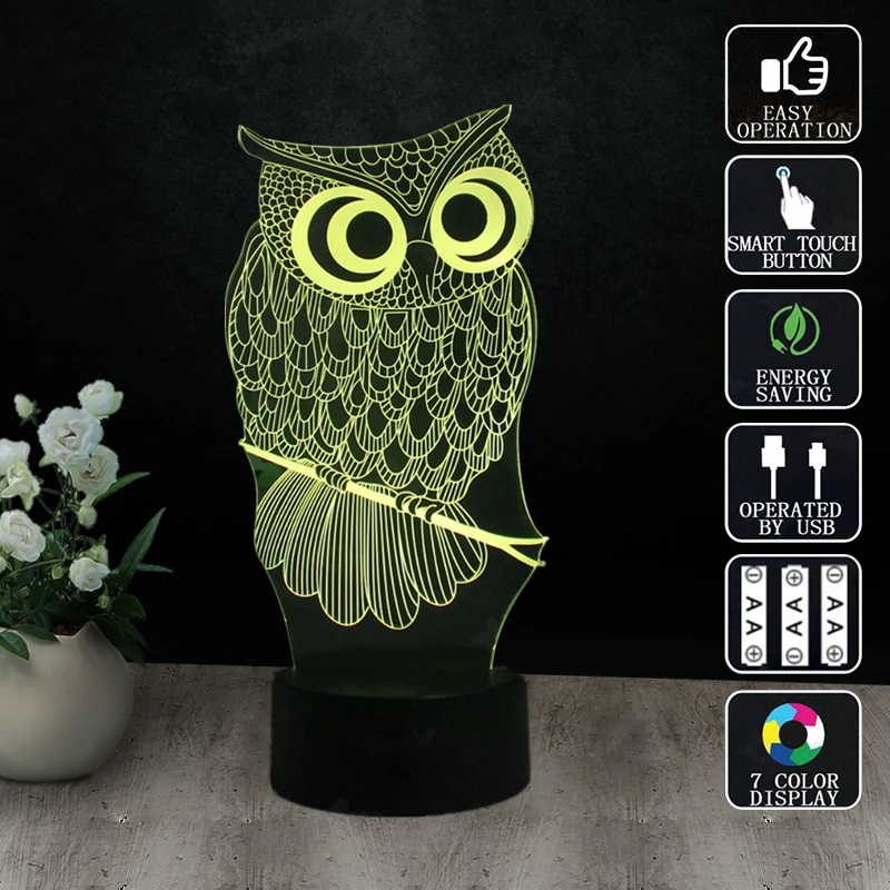 

OWL 3D Night Light RGB Changeable Mood Lamp LED Light DC 5V USB Decorative Table Lamp Get a free remote control