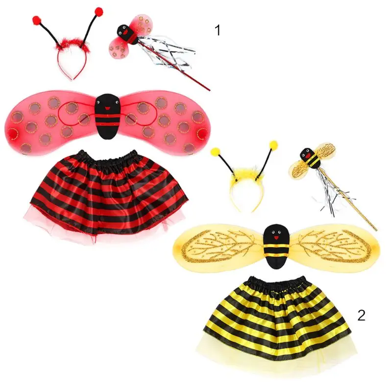 

4Pcs/Set Kid Fairy Costume Set Ladybird Bee Glitter Cute Wing Striped Layered Tutu Skirt Wand Headband Skirt Halloween Outfit