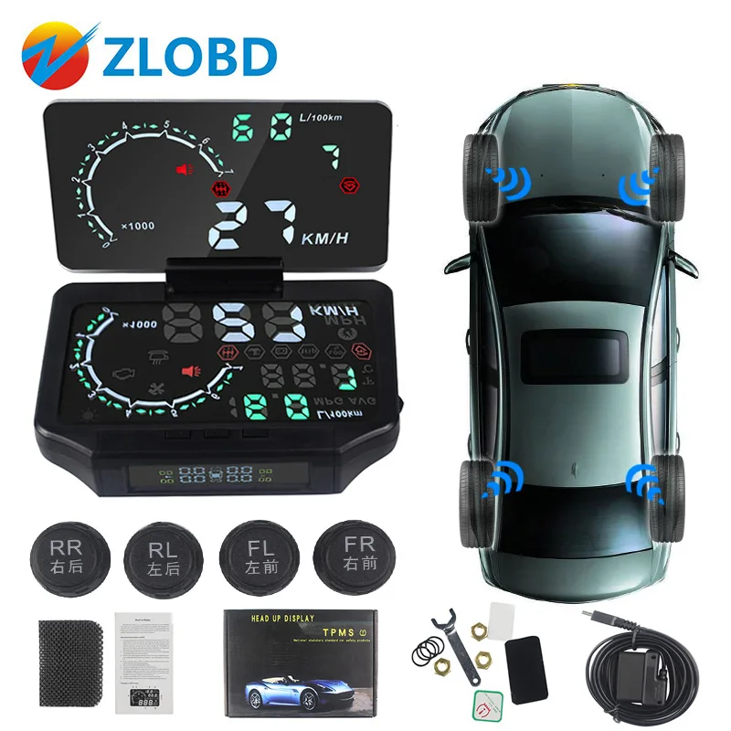 

Newest HUD Car Display Tire Pressure Warning Sign Car HD HUD Display Alarm Car Charger Digital LCD Display Wireless Tire Pressur