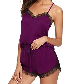 

2019 Women Sleepwear Sets Sleeveless Strap Lace Trim Satin Cami Top Nightwear Femme Sexy Summer Home suit J20
