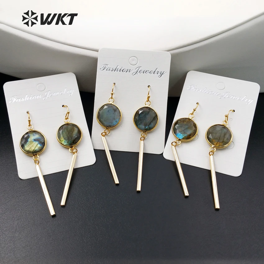 

WT-E323 Gorgeous Long Elegant Labradorite Earring Natural Round Labradorite With Long Gold trim Bar Dangle Earring