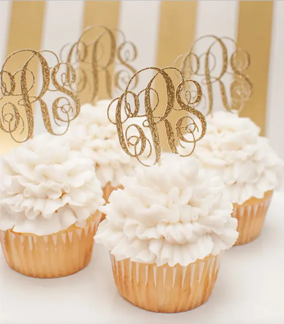 Изготовленный На Заказ монограммовый кекс Toppers в золотом блеске, персонализированные начальные украшения для кексов, Свадебный кекс Топпер