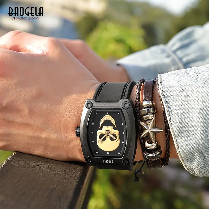  BAOGELA Skull Military Sports Watches for Men Luminous 3 Bar Waterproof Skeleton Quartz Wristwatch 
