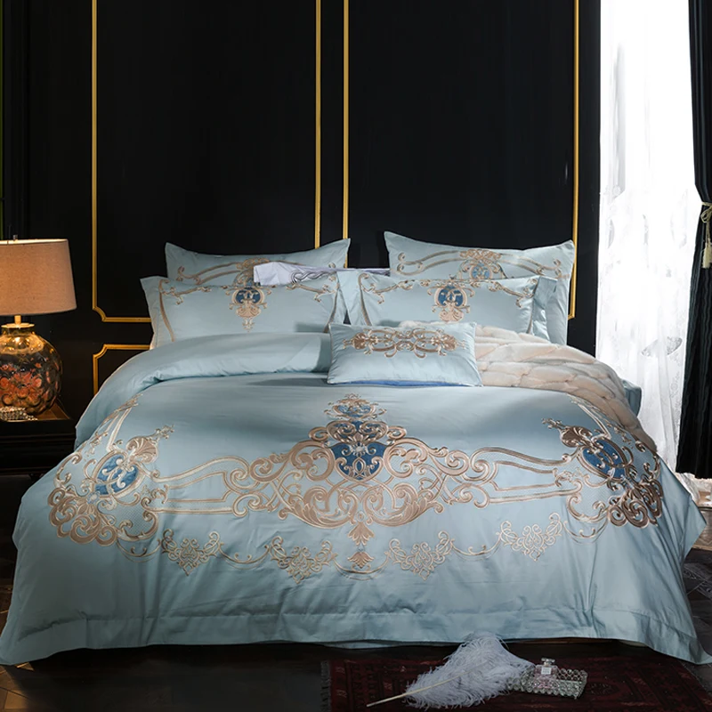 

Light Blue European Luxury Golden Royal Embroidery Egyptian Cotton Bedding Set Duvet Cover Bed Linen Bed sheet Pillowcase 4/7pcs