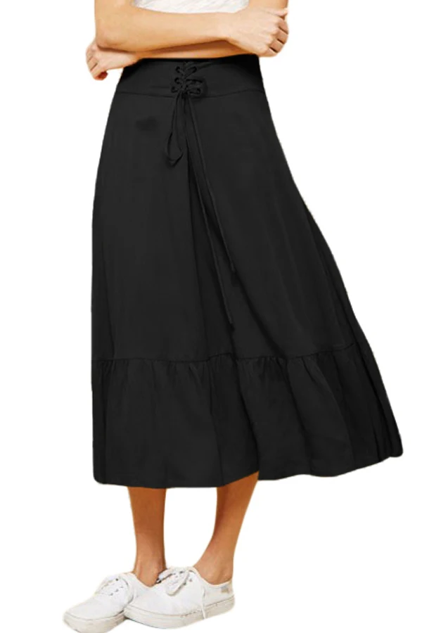 Lace-up-High-Waist-Black-Ruffle-Hem-A-line-Skirt-LC65100-2-1