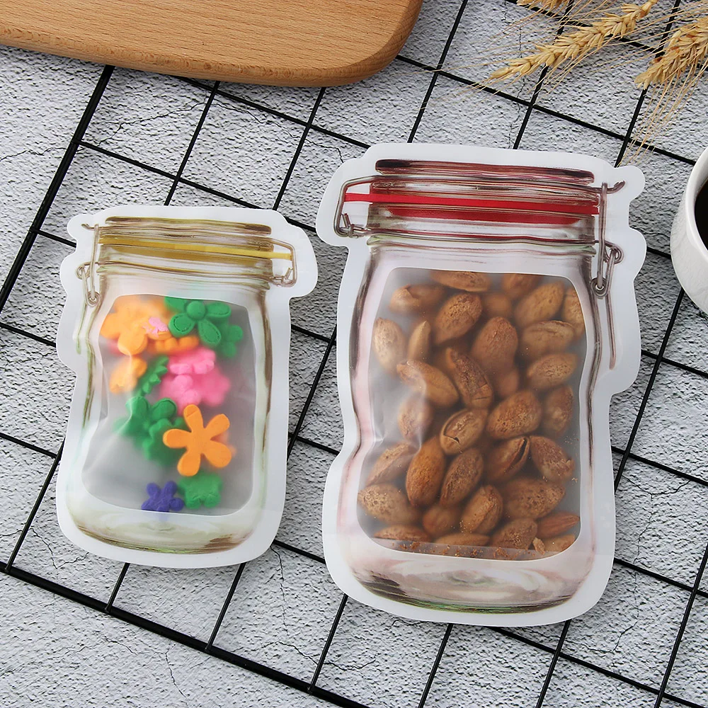 

1PC Reusable Storage Zipper Stand Up Bag Pouches Zip Lock Mason Jar PE Lock Food Grade Plastic Bags Smell Proof Clip Accessories