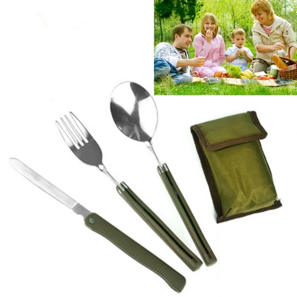 3 unids/set plegable de acero inoxidable cuchillo cuchara tenedor viajes Camping cubiertos herramientas vajilla 3 unids/set plegable de acero inoxidable cuchillo cuchara tenedor viajes Camping cubiertos herramientas vajilla