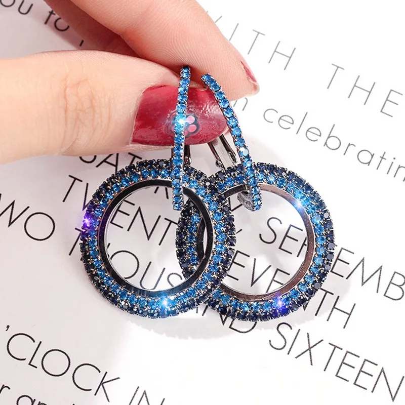 

Women'S Bling Bling Blue Crystal Double Circle Hoop Earrings Fashion Jewelry Elegant Noble Stylish Noble Hoop Earrings