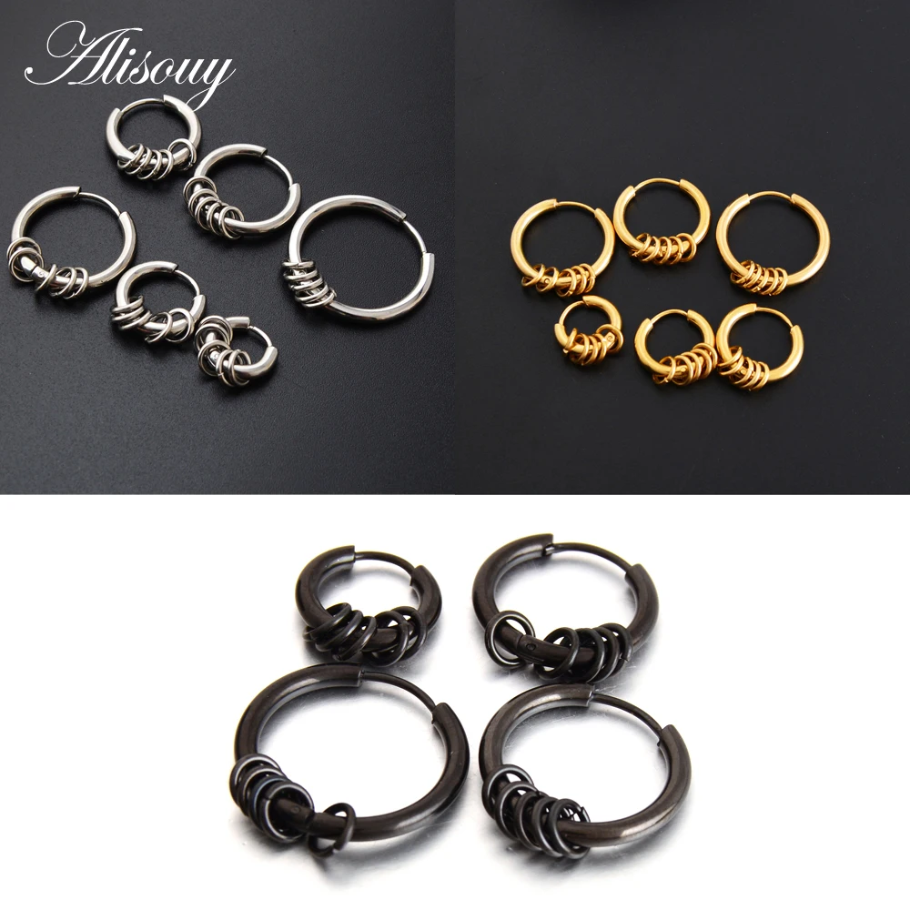 

Alisouy 1 Pair Punk Hiphop Stainless Steel Hoop Earrings Huggie Simple Style Round with Five Circle Earrings Women Men Jewelry