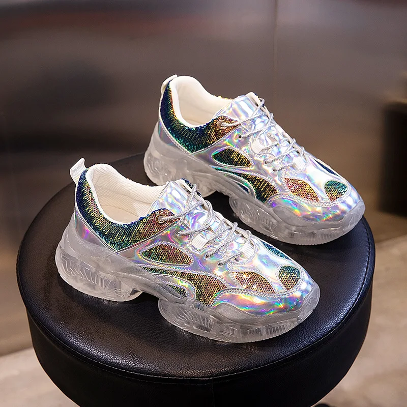 

QWEDF 2019 Women Dad Clunky Shoes New casual Sneakers Transparent Sequined Cloth Shoes Woman Breathable Lace-up Footware YC-92