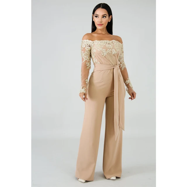 Mono de encaje con apliques para mujer, peto Sexy con hombros descubiertos y cuello de barco, mono de manga larga para mujer, mono con pernera ancha 3XL elegante Mono de encaje con apliques para mujer, peto Sexy con hombros descubiertos y cuello de barco, mono de manga larga para mujer, mono con pernera ancha 3XL elegante