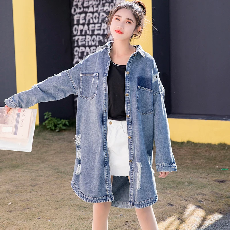 Autumn Boyfriend Style Jeans Jacket Woman Character Patch Tassel Denim Long Coat Female Streetwear Hole Women's Denim Jacket