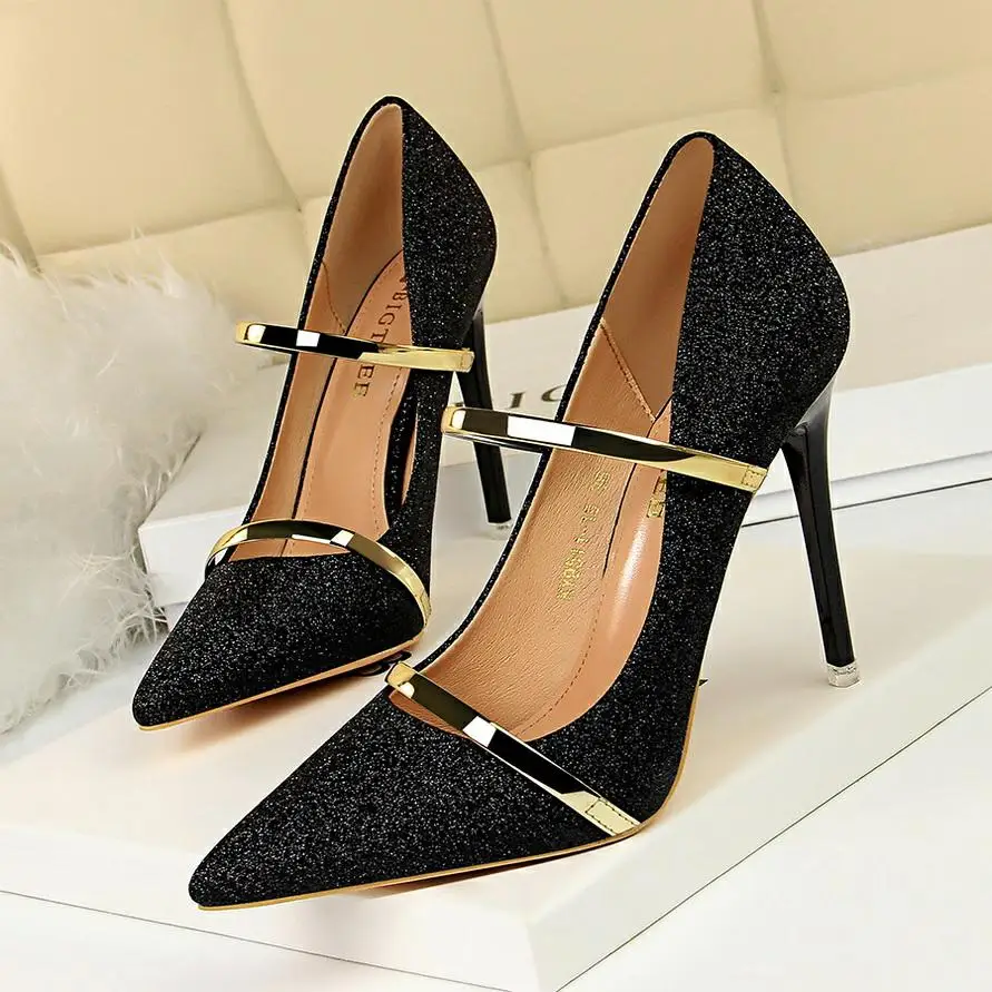 BIGTREE/расшитая блестками тканевая женская обувь Туфли-лодочки на высоком каблуке золотистого цвета с двумя ремешками элегантные вечерние свадебные туфли с острым носком для женщин - Цвет: Черный