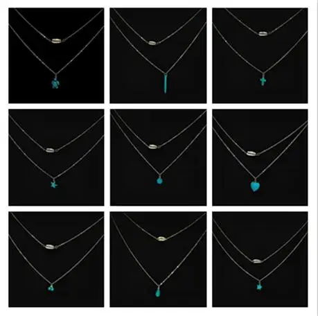 Two-Layer Chain Shell Necklace Green Stone Turtle Five-Pointed Star Long Drop Natural Best Friend Ladies | Украшения и аксессуары