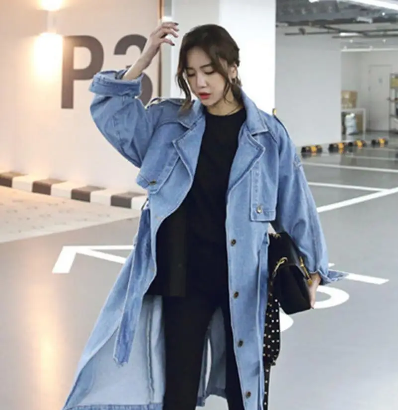 

2019 New Arrival Trench Coat Women Loose Denim Trench Coat Female Long Single-breasted Outwears