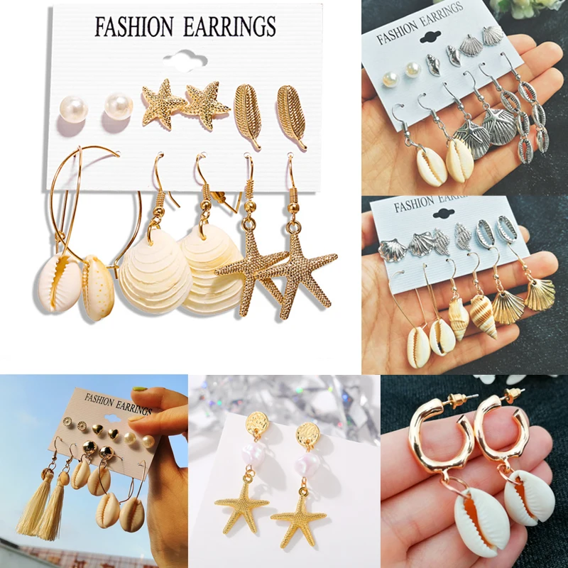 

Bohemian Real Cowrie Conch Shell Earrings Set Ocean Beach Starfish Geometric Drop Earrings for Women Pendientes Brincos