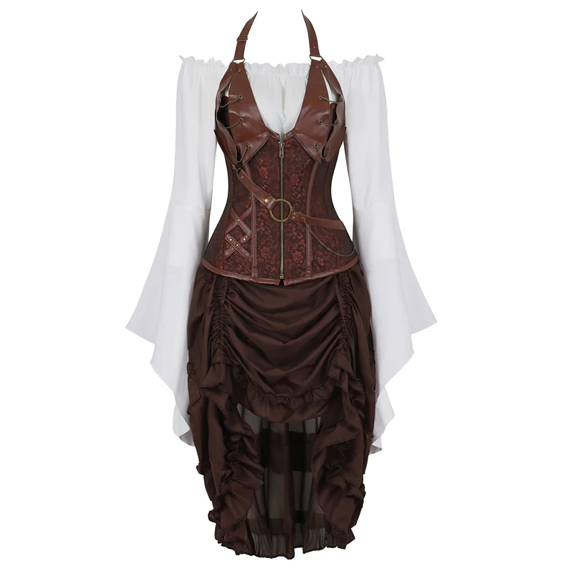 

steampunk corset dresss top skirt 3-piece front high and low irregular costume cosplay leather corsets bustier burlesque vintage