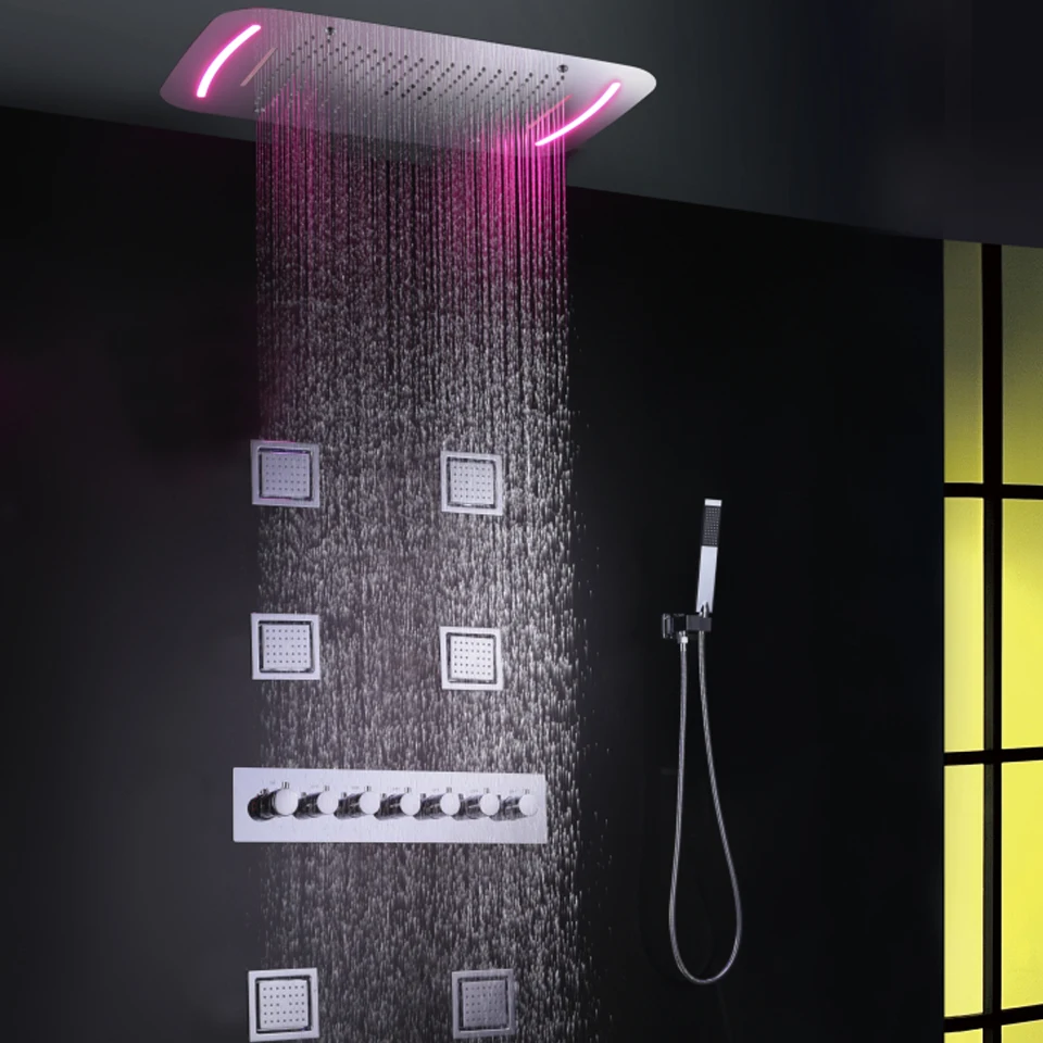 Bathroom Rain Shower Faucet Set Waterfall Bath Mixer Shower Panel Ceiling LED Shower Head Thermostatic Bath & Shower System