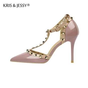

T Strap Sexy High Heels Rivets Women Shallow Shoes Candy Color Woman Party Shoes 6cm 8cm 10cm Heels