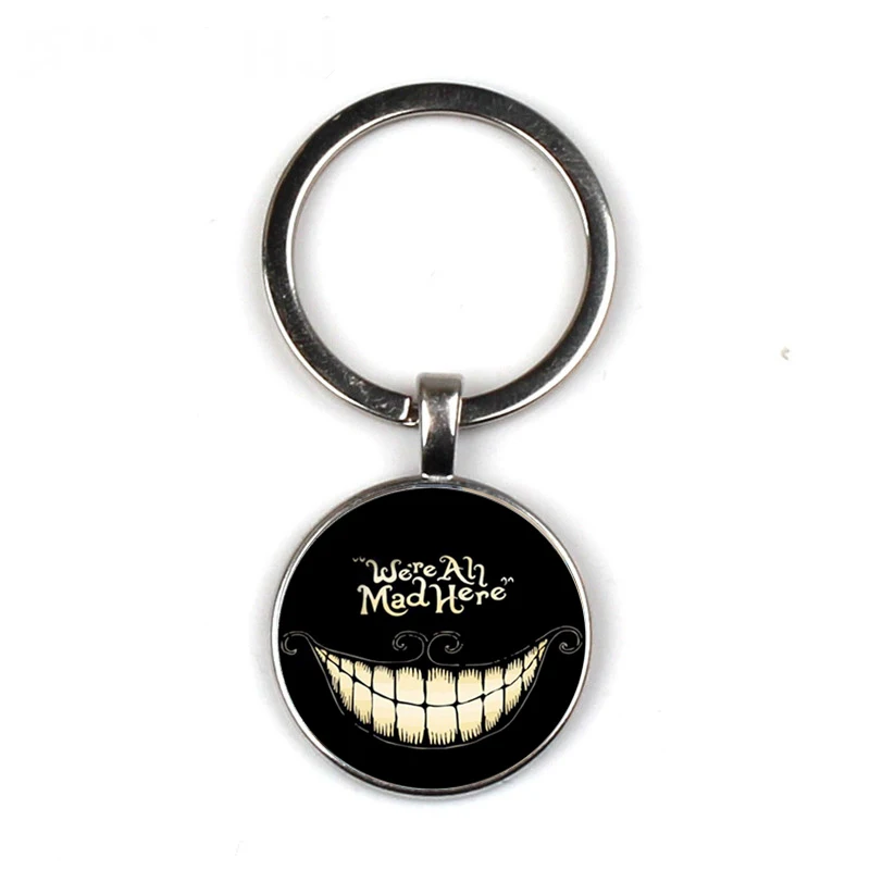 

Fashion Alice Adventures in Wonderland keychain Cheshire Cat Glass Cabochon keychain We're All Mad Here gift