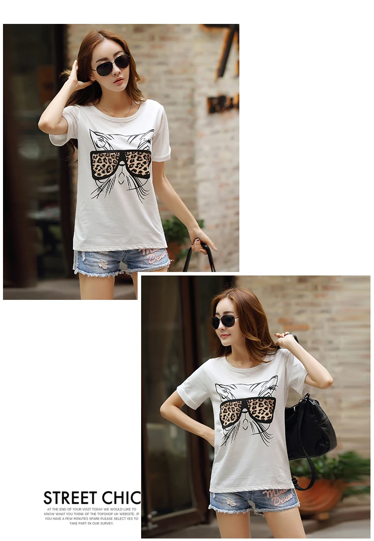 2017 Summer Women Split fork T-shirt Womens Cat Print tshirt Women Fashion White O Neck Kawaii Tops Tees Shirt WWQ83213