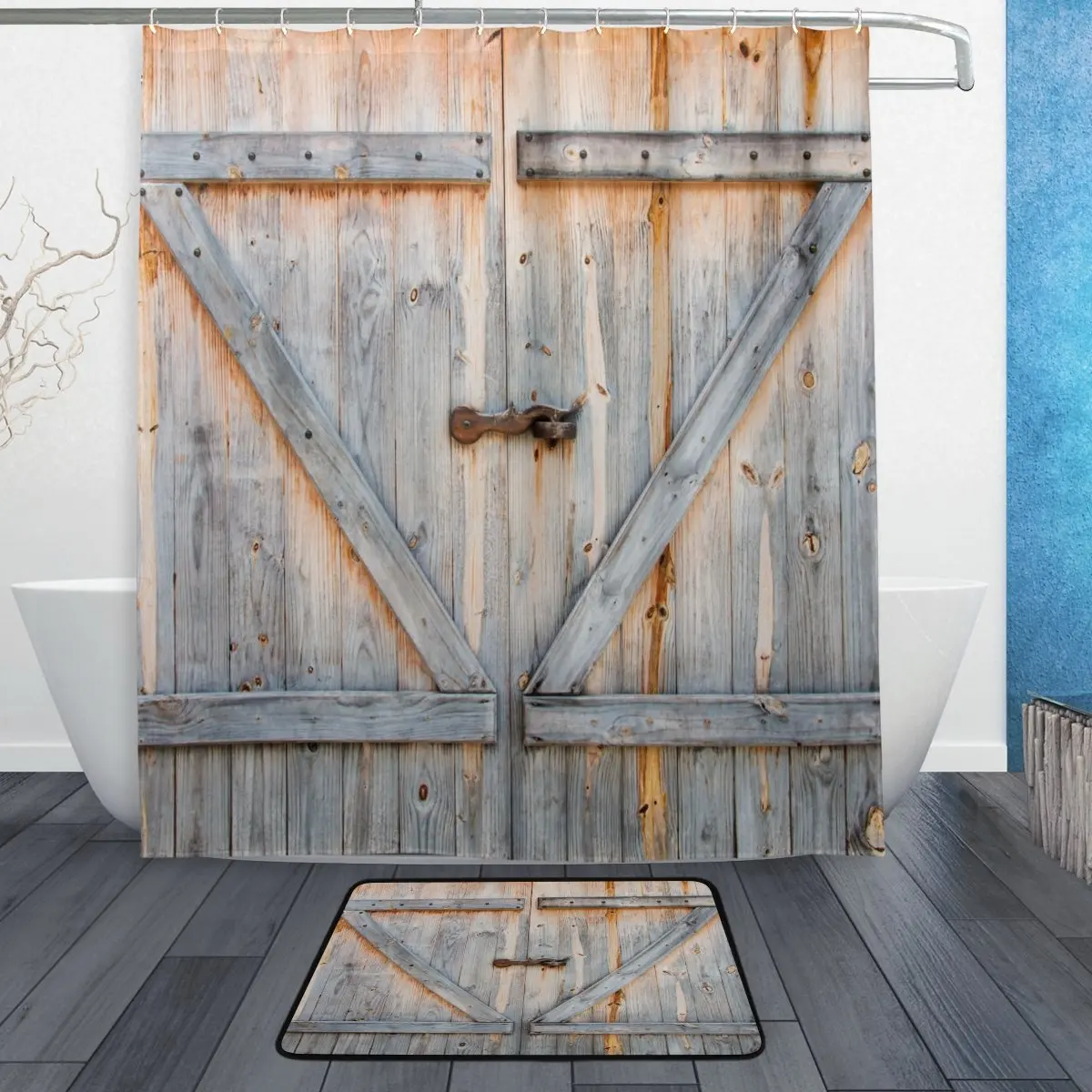 Retro Vintage Wooden Wood Shower Curtain and Mat Set, Wooden Barn Door