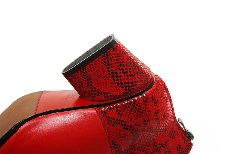 Meotina/женские ботильоны; осенние полусапожки из натуральной кожи на высоком каблуке; обувь на молнии со змеиным принтом; женская зимняя обувь красного цвета; Размеры 33-43