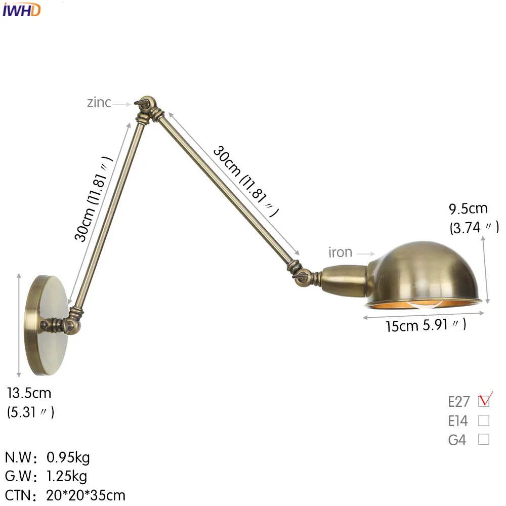 IWHD деревенском стиле ретро светодиодный Винтаж настенный светильник Ванная комната Спальня промышленные распашные длинные руки Ретро