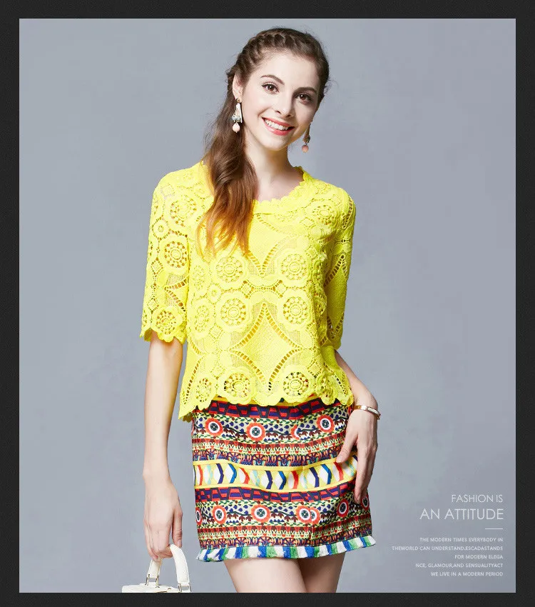 Water Soluble Flowers Lace Top Bohemian Mini Skirt Women Suits (7)