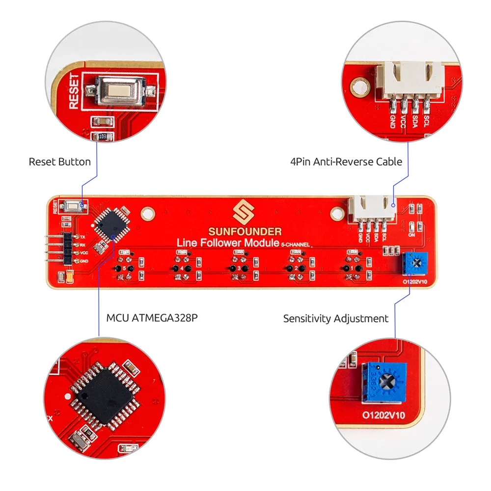 Sunfower igc 5 канальный Линейный модуль слежения для Raspberry Pi Arduino умный автомобиль робот робототехники MCU ATMEGA328P TCRT5000