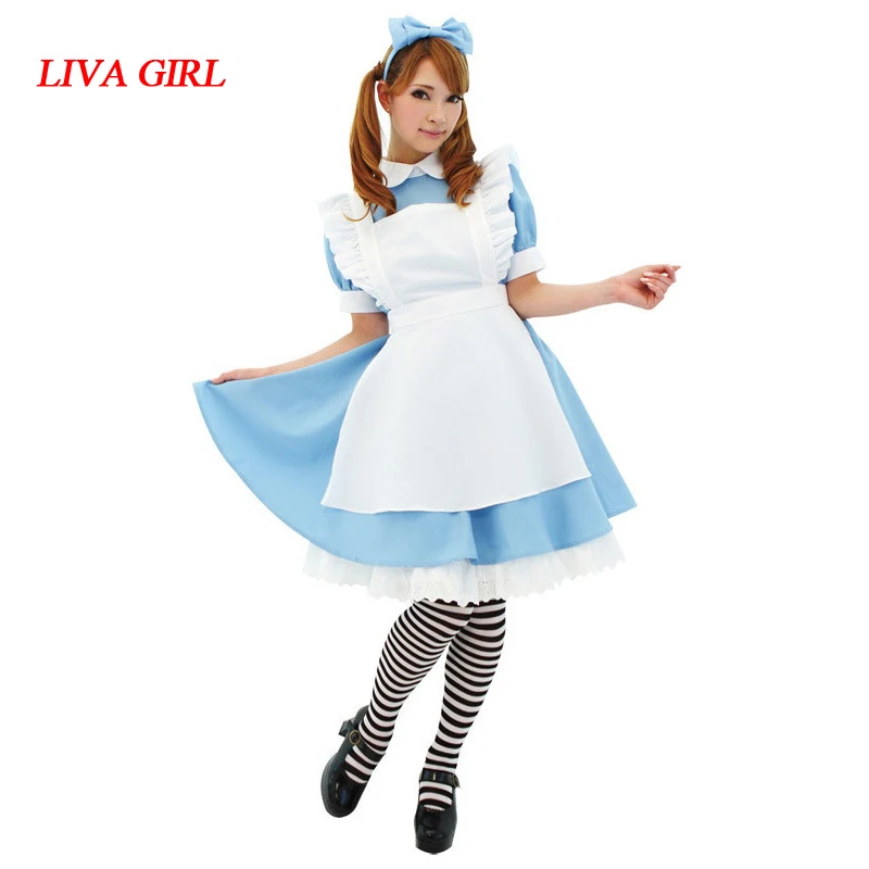 

Liva girl Hot Sale Alice in Wonderland Costume Lolita Dress Maid Cosplay Fantasia Carnival Halloween Costumes for Women