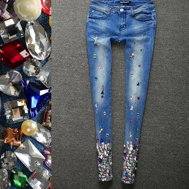 Новинка, рваные женские джинсы, обтягивающие джинсы, стразы, джинсы-карандаш с дырками, Стрейчевые джинсы