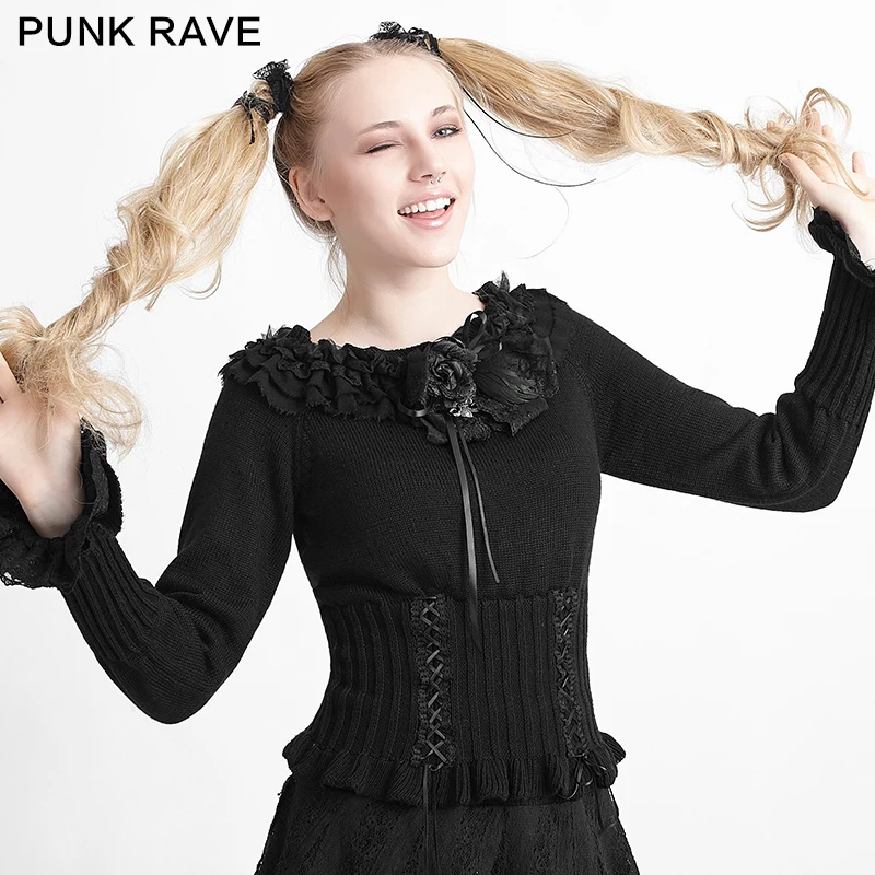 

PYON PYON Black Women Knitted Sweater Bow O-Neck Solid Fashion Warm Pullovers Female Long Sleeve Lolita Style Ladies Tops