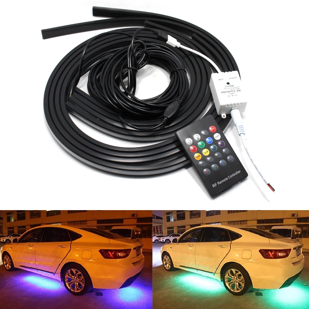 4pcs Car Glow Underbody System Neon Lights Kit 2*90+2*120cm w/Sound